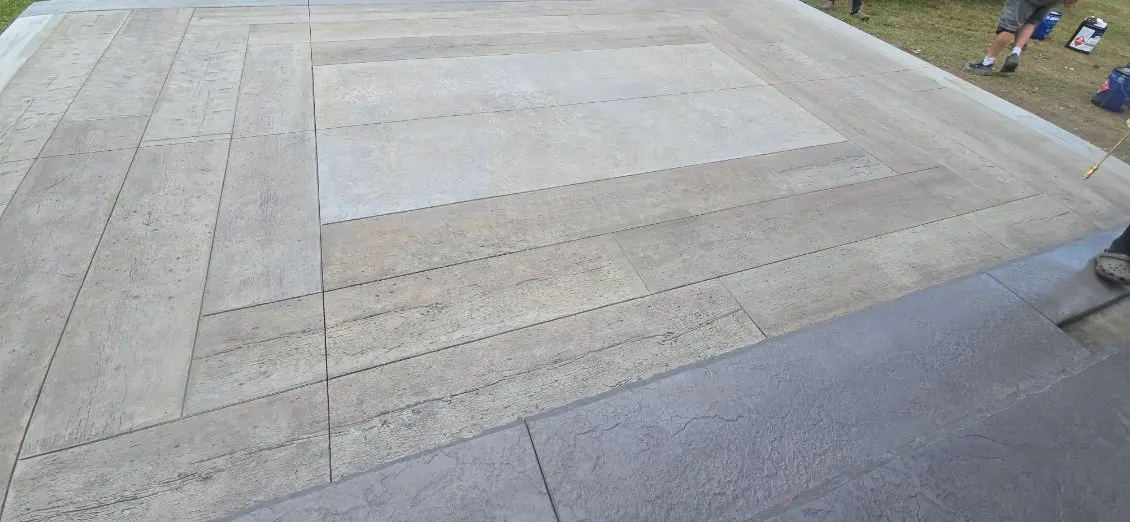 Stamped concrete patio overlay pattern installed by OTM Concrete